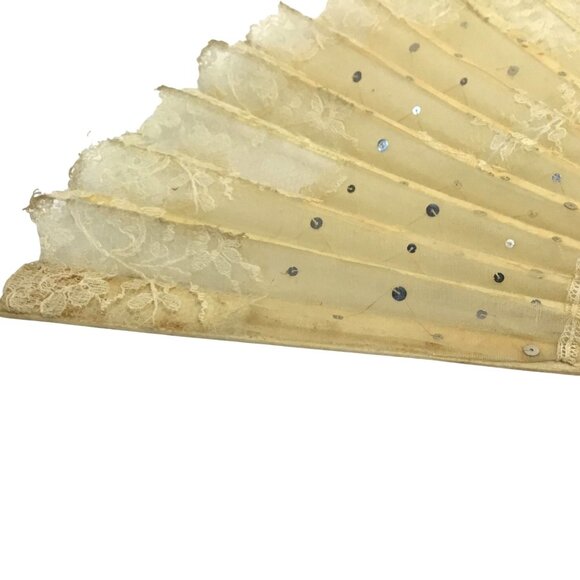 ANTIQUE Women Lace Folding Fan Sequins Embroidered Tulle Wooden Frame Repairable - Picture 11 of 11